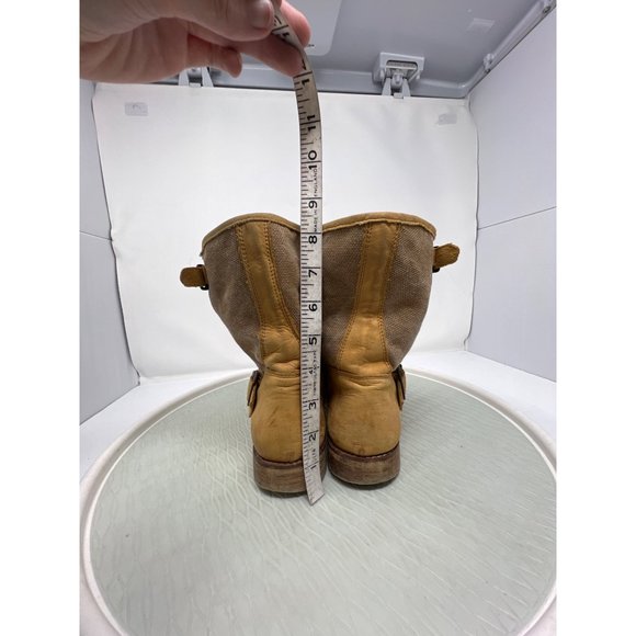 Anthro Lockeed Round Toe Buckle Boots Womens 39 Tan Leather Block Heel Boho Moto - Picture 5 of 9